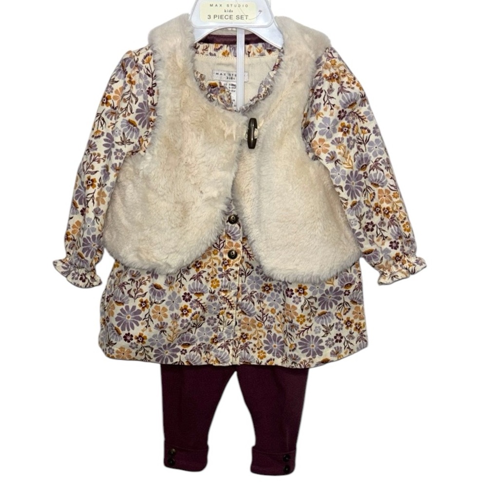 MAX STUDIO Cream/ Purple jacket faux fur vest w purple leggings girls 3-6 mos